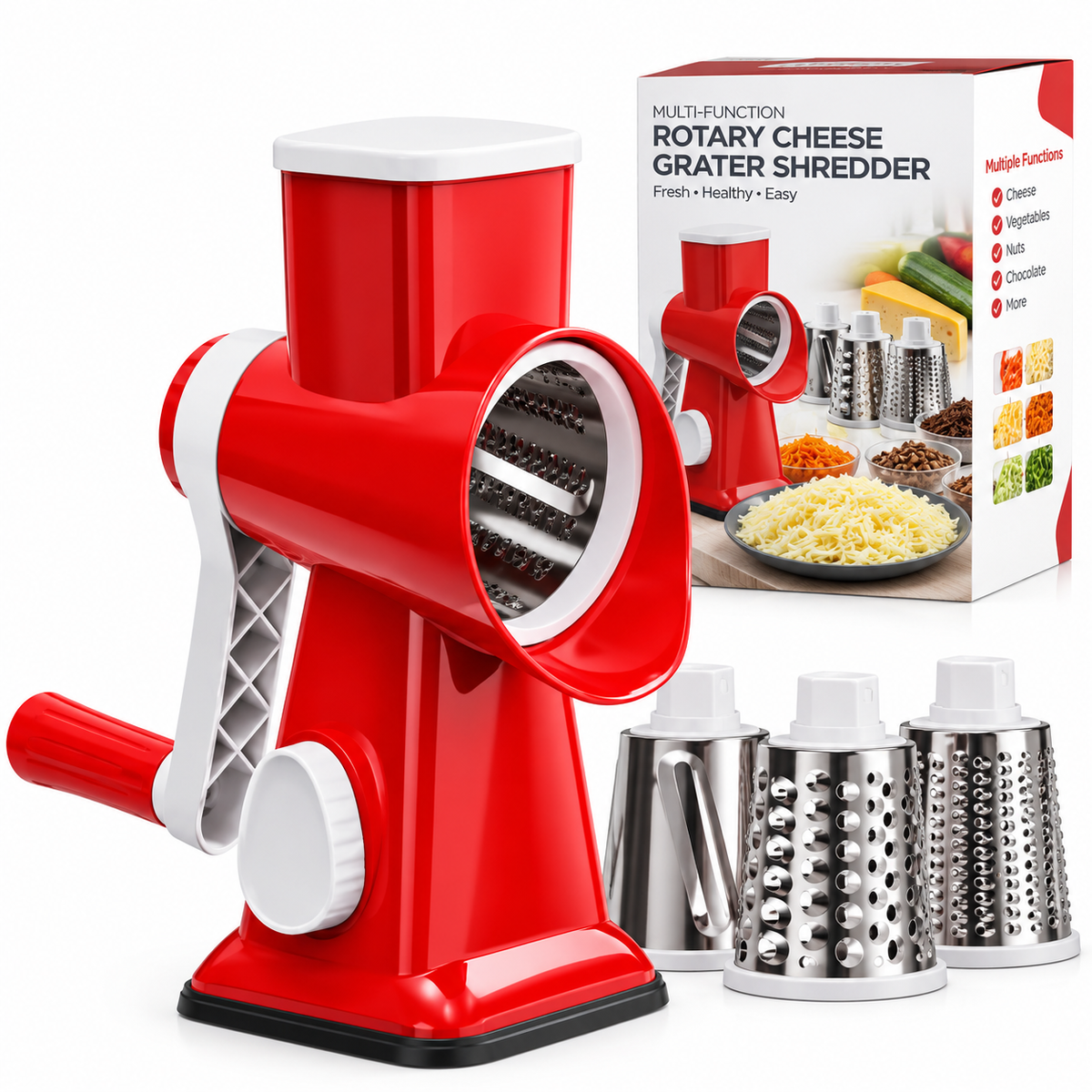 4-in-1 Rotary Cheese Grater & Vegetable Slicer – Manual Drum Shredder