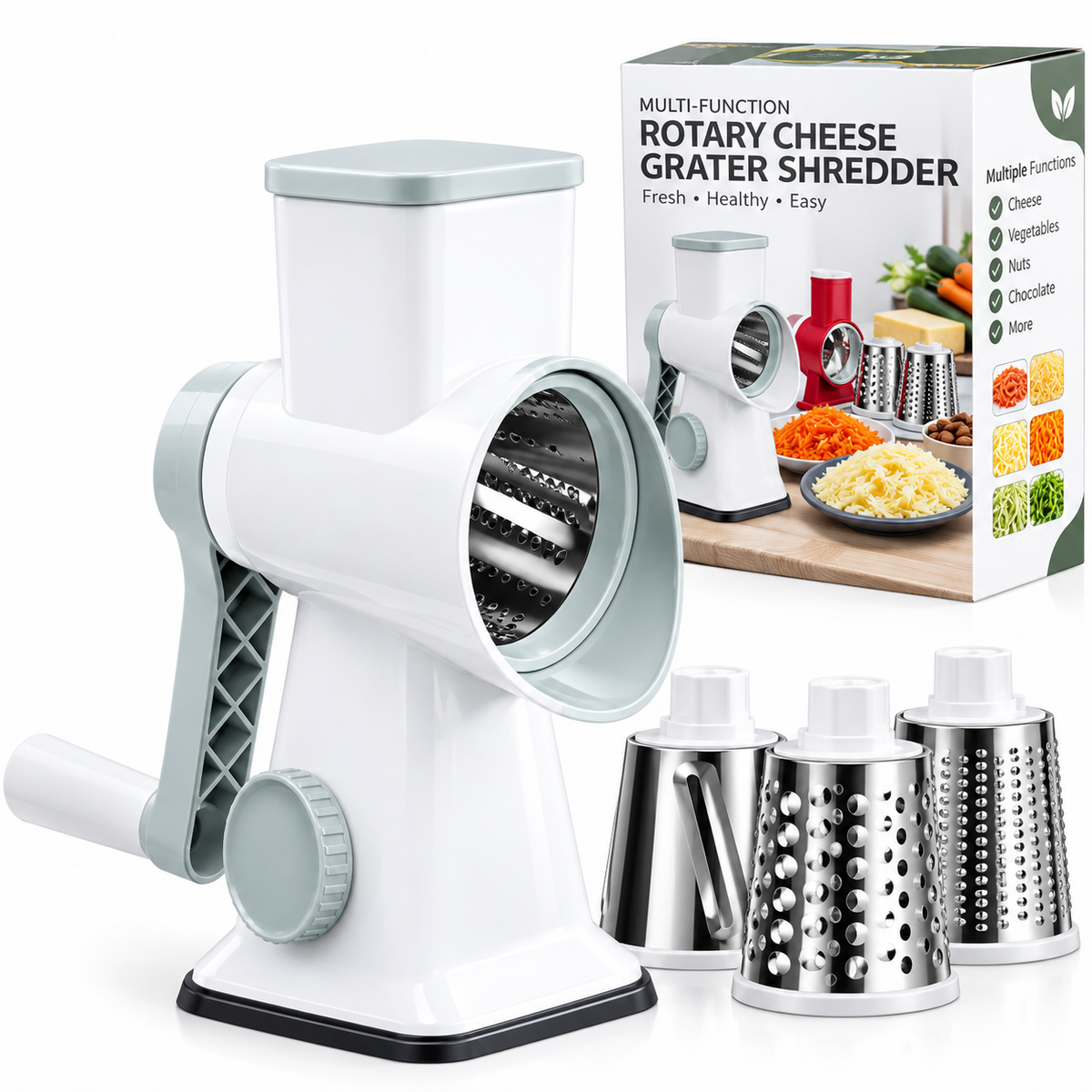 4-in-1 Rotary Cheese Grater & Vegetable Slicer – Manual Drum Shredder