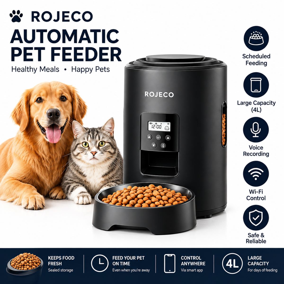 ROJECO 4L Automatic Pet Feeder – Programmable Cat & Dog Food Dispenser