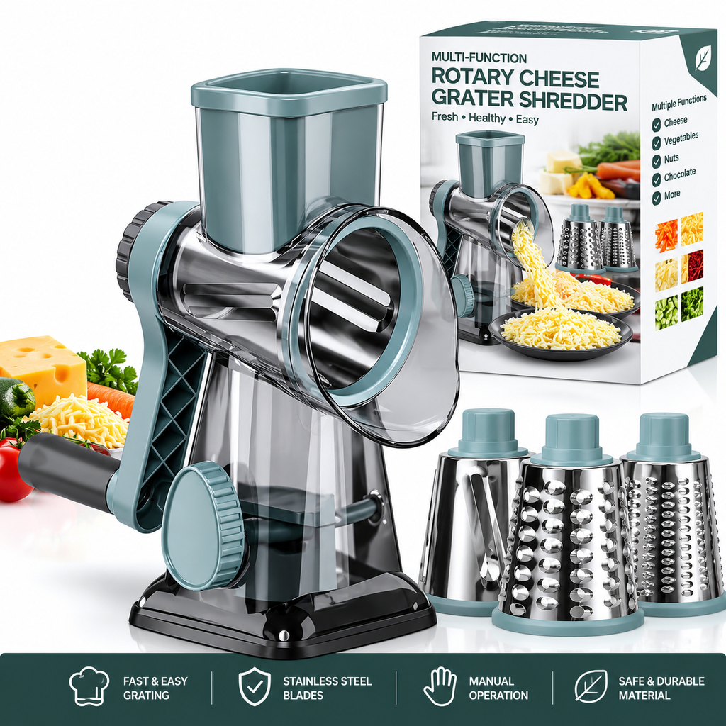 4-in-1 Rotary Cheese Grater & Vegetable Slicer – Manual Drum Shredder