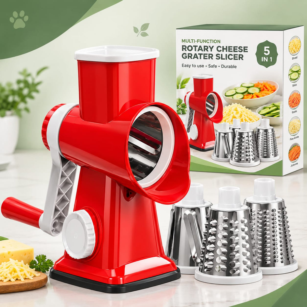 4-in-1 Rotary Cheese Grater & Vegetable Slicer – Manual Drum Shredder